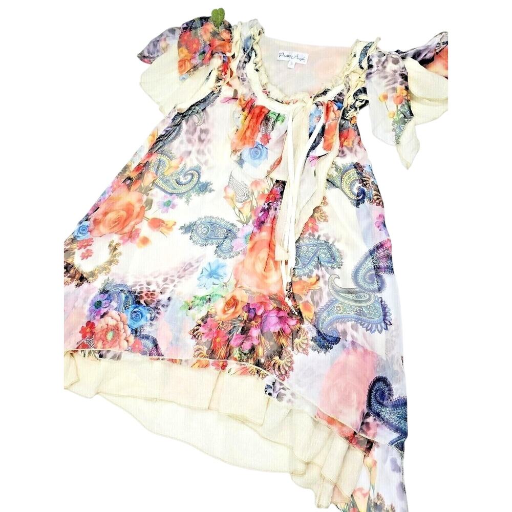 Pretty Angel Gypsy Size S Small Top Floral Lace Fringe Silk Boho Womens Shirt